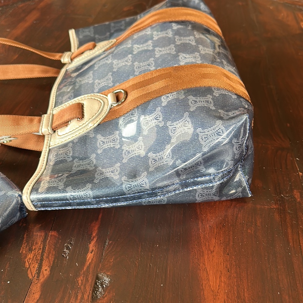 Celine Clear PVC Shoulder Tote Blue Pattern Brown Nylon Handle Zip Pouch Unisex - Picture 5 of 15